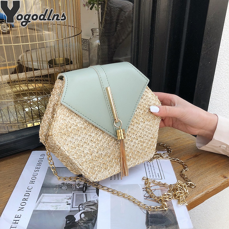 Hexagon Mulit Stil Stroh + leder Handtasche Frauen Sommer Rattan Tasche Handarbeit Gewebt Strand Kreis Böhmen Schulter Tasche Neue