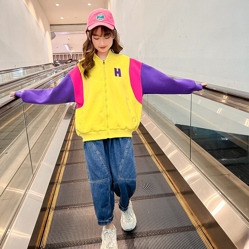 Chaqueta deportiva de para niña, ropa de béisbol para niño, abrigo activo escolar para adolescentes de 5 a 14 años, novedad de primavera: YELLOW / 9