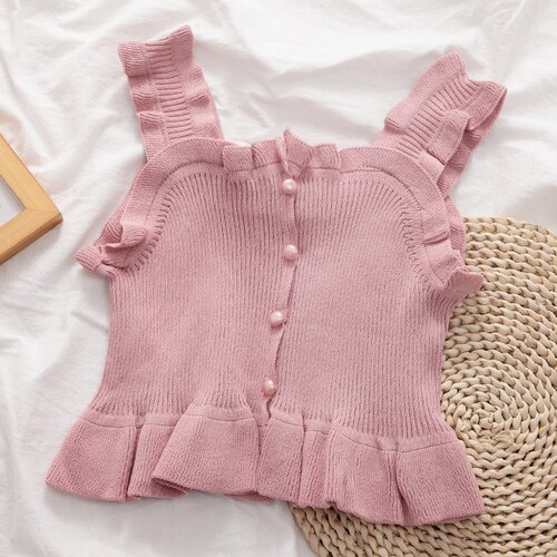 Gagarich colete feminino doce frilled 2020 verão novo estilo coreano feminino sólido magro wear topos: Rosa