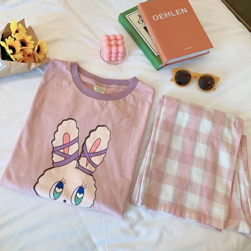 Pajamas Women Casual Autumn Long-Sleeved Round Neck Purple Collar Pink Rabbit Head Pink Lattice Pants Pajamas Set M-Xxl