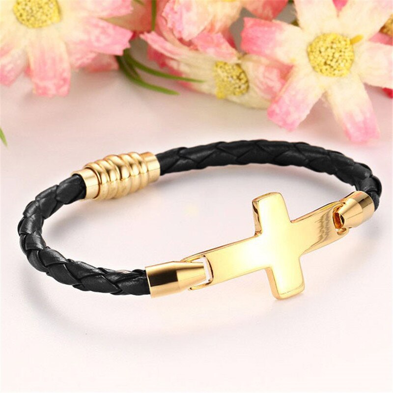 Modyle Neue Gold Farbe Edelstahl Kreuz Armbänder & Armreifen für Männer Leder Männer Hand Kette Armbinde