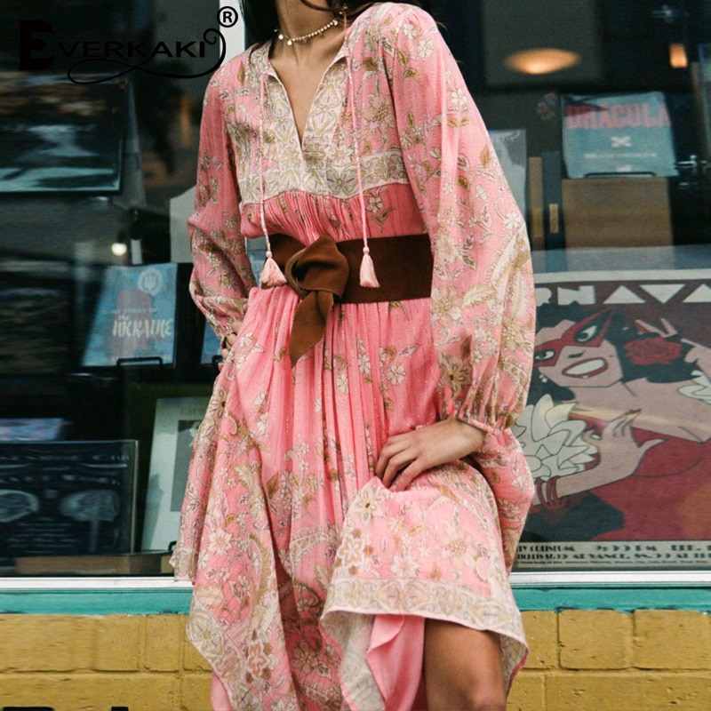 Everkaki, vestido largo bohemio con estampado Floral para mujer, Vestidos étnicos de verano para mujer, Maxi Vestidos sueltos, Casual para mujer, primavera ,