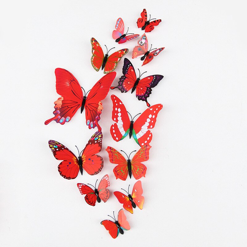 12Pcs 3D Double layer Butterfly Wall Stickers Butterfly Fridge sticker DIY Art Home Decoration Wall Stickers Wall Decals: red