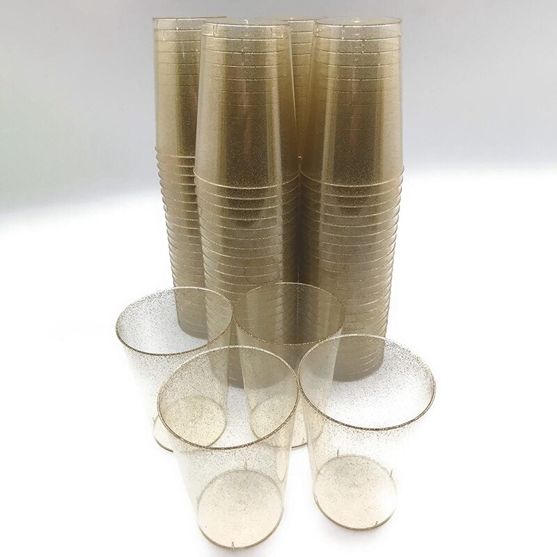 10 Oz Gold Plastic Bekers, Wegwerp Gold Glitter Plastic Bekers, clear Plastic Bekers Voor Thuis Bruiloft Kopjes Party Cups 100Pcs