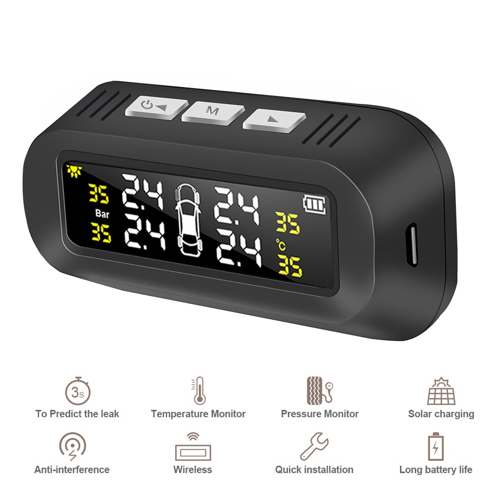 Car Tire Pressure Monitoring System 4 Internal Sensors Tyre Temperature Warning Alarm Kit Digital Display Solar TPMS
