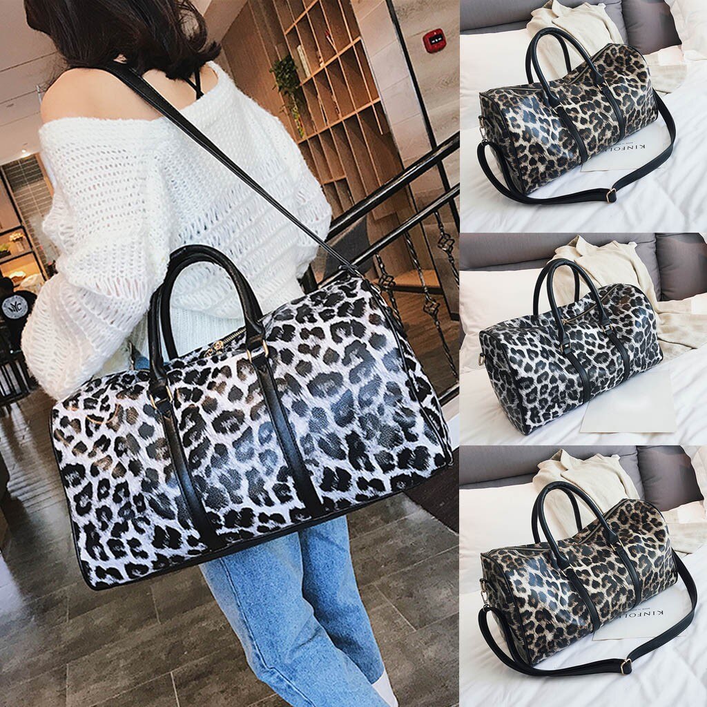 OCARDIAN Foldable Travel Bag Women Large Capacity Portable Shoulder Duffle Bag Leopard Waterproof Weekend Luggage Tote O7