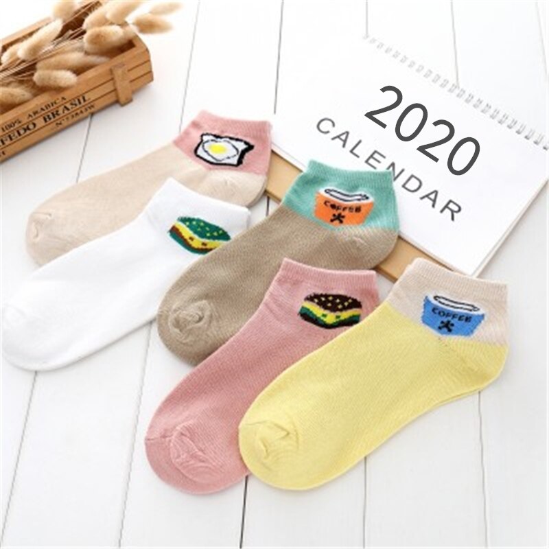 5 par/lot våren kvinnor bomullsstrumpor set söta djur frukter banan casual tjej fotled båt strumpa tofflor harajuku storlek 34-40