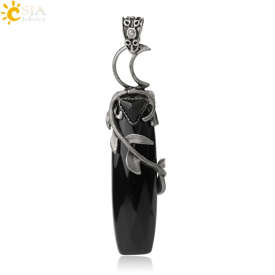 CSJA Antique Silver Color Pendant Necklaces Natural Crystal Stones Leaves Winding Faceted Rectangle Long Pendants Women Men G587: Black Onyx