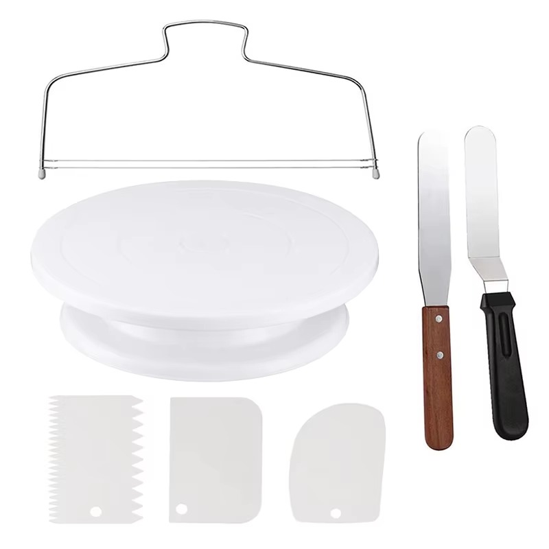 6pcs Cake Turntable with 2 Frosting Straight Angled Spatula 3 Icing Smoother Scraper Cake Decorating Kit Baking Accessories Tool: Chocolate