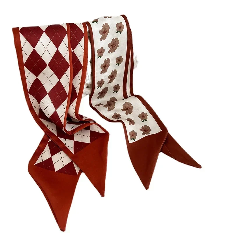 Fita bandana lenço de seda all-match vermelho laço de cabelo longo cachecol acessórios flor impresso cachecol headbands para mulher
