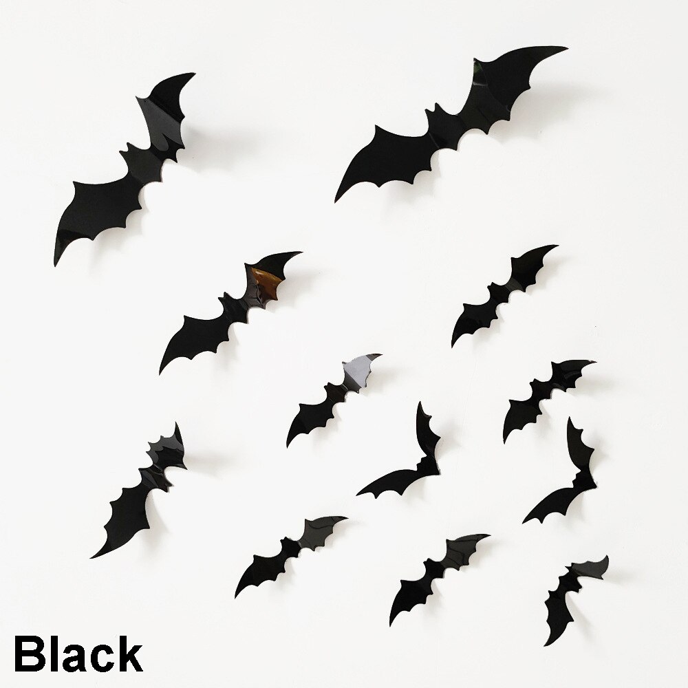 12PCS 3D Decals Halloween Bat Sticker Wall Art PVC Sticker For Party Supplies Home Ornament Scary Decor Festival Decoration: black