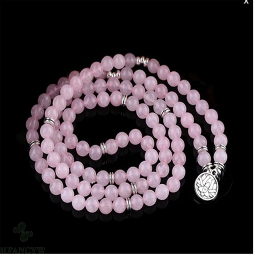 8mm Pink Crystal 108 Bead Lotus Pendant Stretch Bracelet Pray Bless Lucky Classic Meditation Wristband Wrist