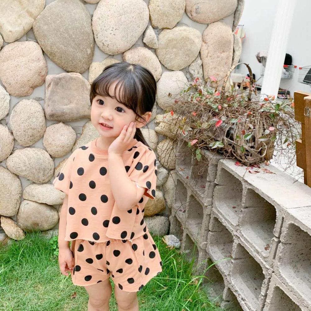Primavera verão crianças roupas 2 pçs de malha algodão em torno do pescoço manga curta roupas da menina do bebê polka dot camiseta polka dot shorts