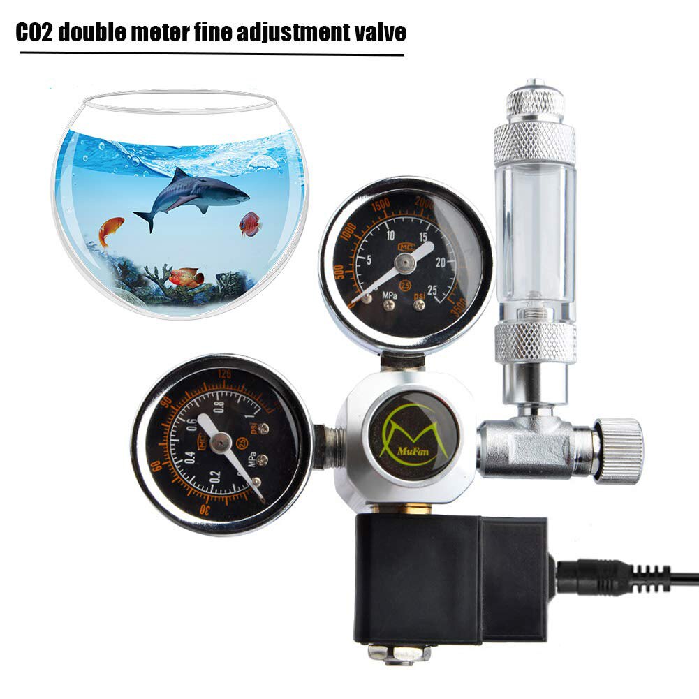 Dual Gauge Aquarium CO2 Regulator Set Electric with Solenoid Strong Toughness Portable Bubble Counter W21.8 EU Plug