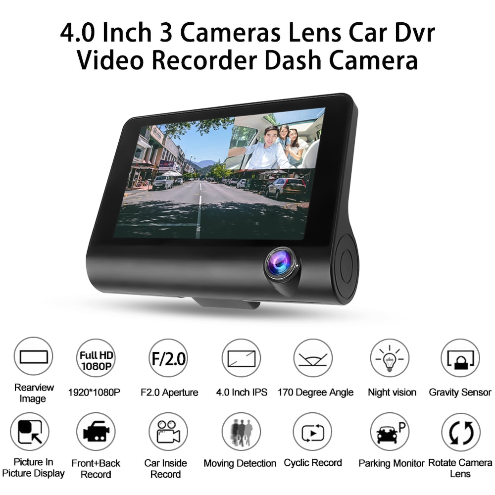 Three Way cycle recording Car DVR 1080P 3 Lens Video Recorder Dash Cam Night vision Camcorder 12V with back up Camera TF 32G