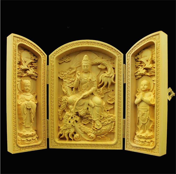 Kinesisk buddha statue skulptur rent træskærerarbejde 3 åbne folde buddha statue boligindretning tilbehør træ buddha håndværk: 2