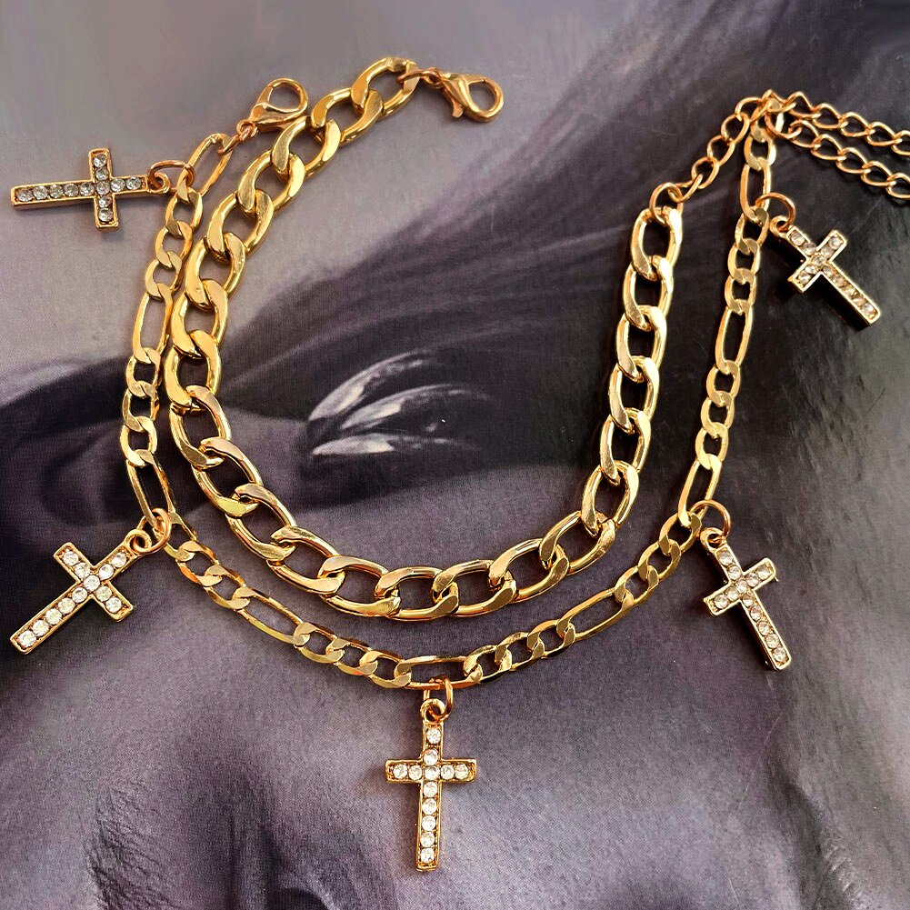 Flatfoosie Hip Hop Crystal Cross Hanger Enkelbanden Voor Vrouwen Golden Metal Link Voet Ketting Strand Sandalen Been Enkelband Sieraden