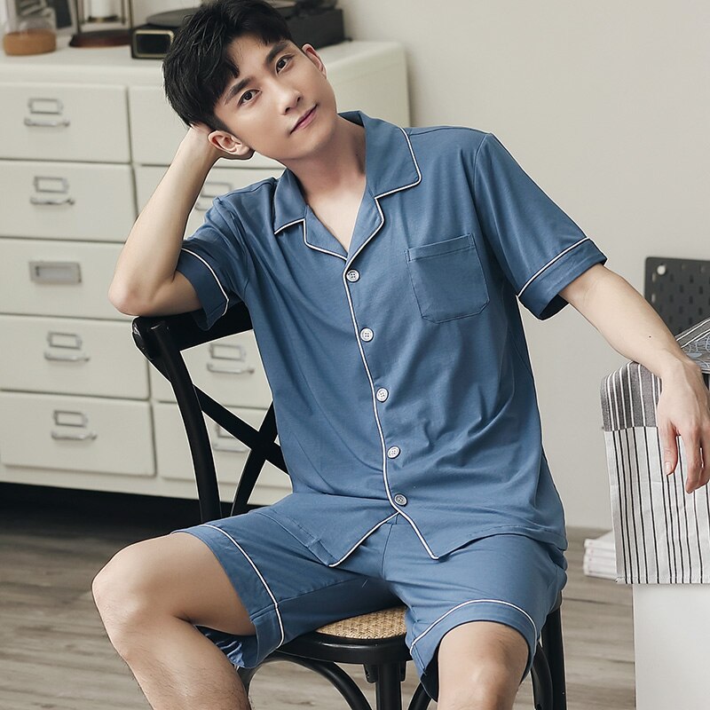 Sommar kort pyjamas för män 2 st korta ärmar nattkläder män mjuka marinblå nattkläder pjs night pijamas homme plus size l -4xl