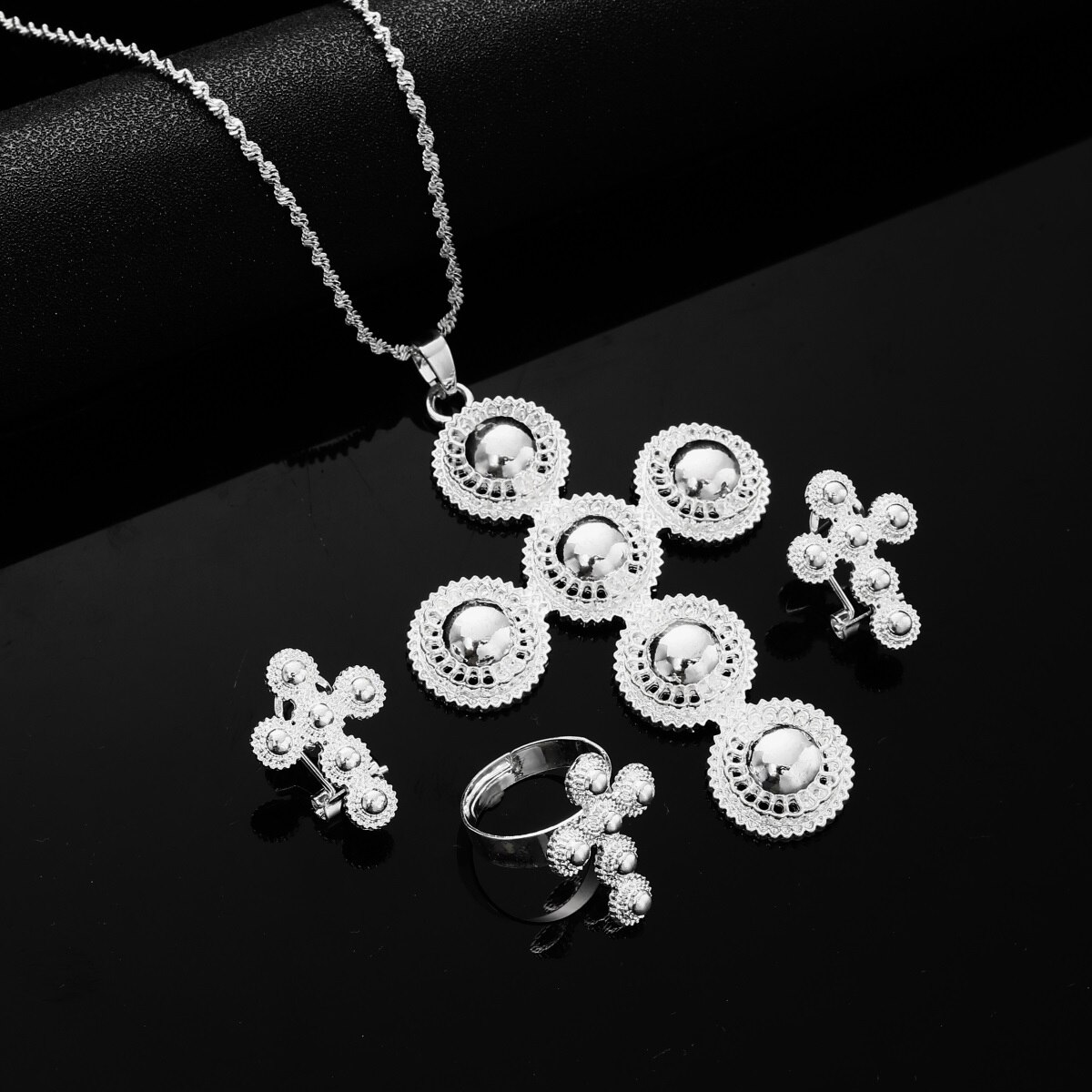 Set di gioielli con croce etiope orecchini con collana Color oro anello Habesha Africa regali di nozze
