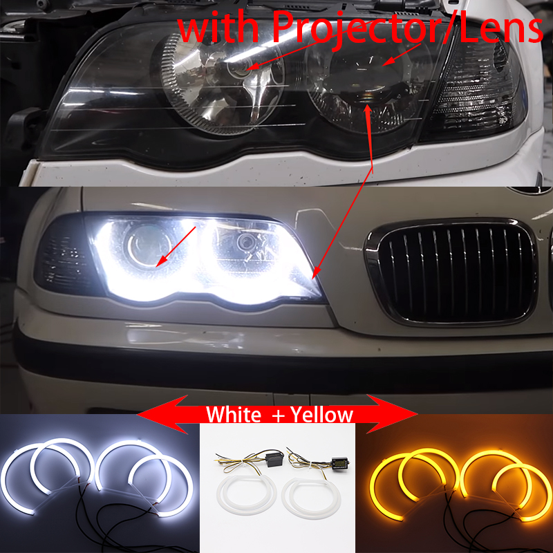 WHITE LED Headlight Halo Angel Demon Eyes Kit angel eyes light for BMW 3 series E46 sedan touring wagon coupe compact 1998-2005: 4. With Lens W Y