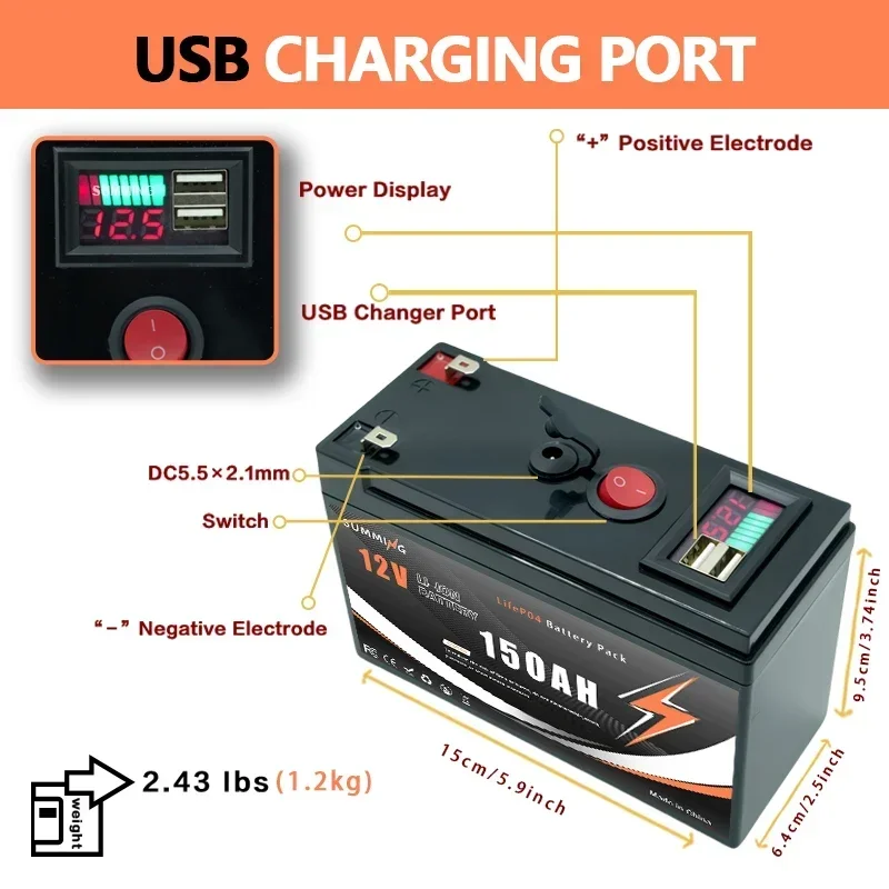 LiFePO4 12V 150Ah wiederaufladbare Lithiumbatterie mit integriertem BMS, für Spielzeug, Solarmodule, Fischfinder, Power Wheels️