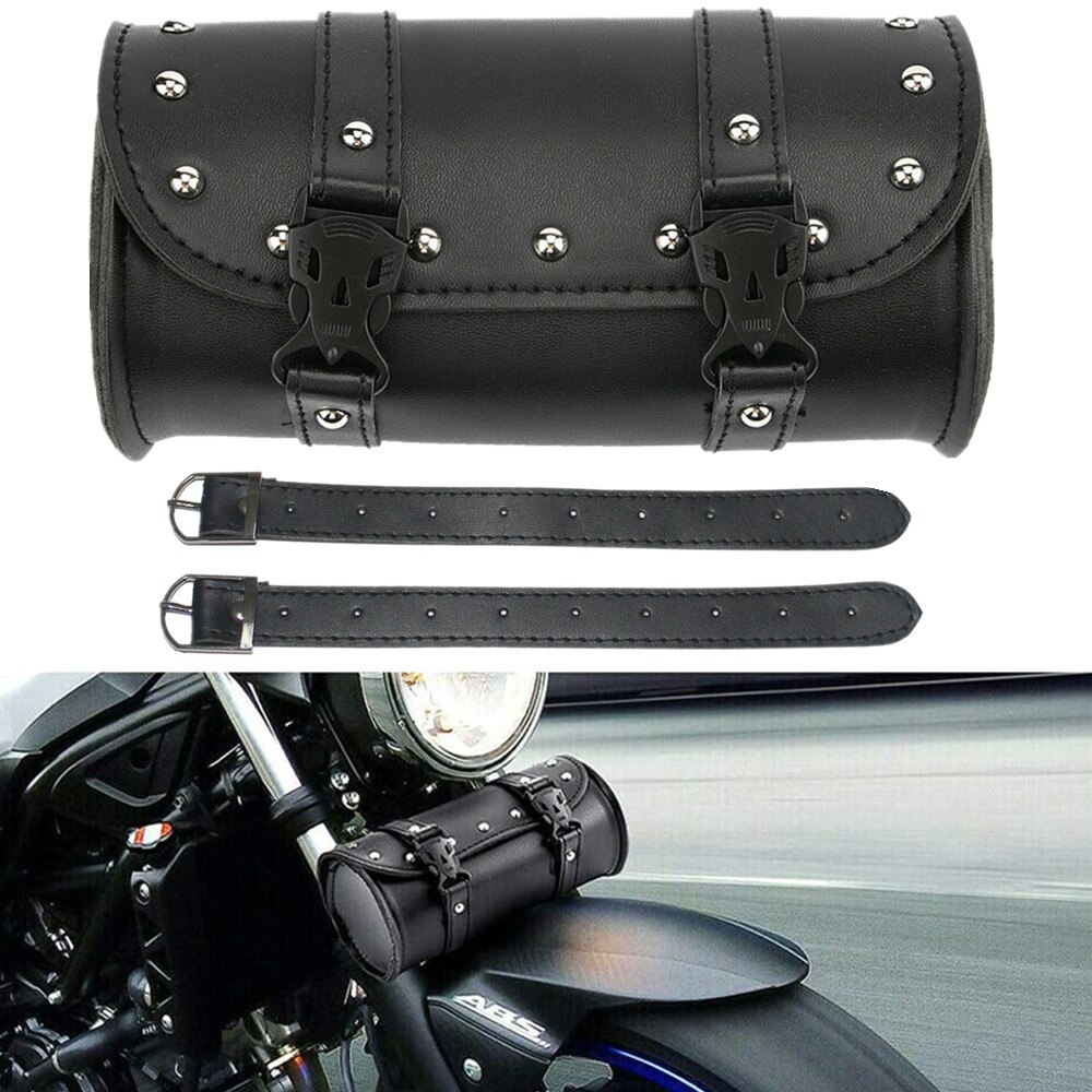 Universal Motorcycle Tank Bag Motorbike Tool Roll Saddle Bag PU Leather Motor Tail Bag with 2 Mounting Straps