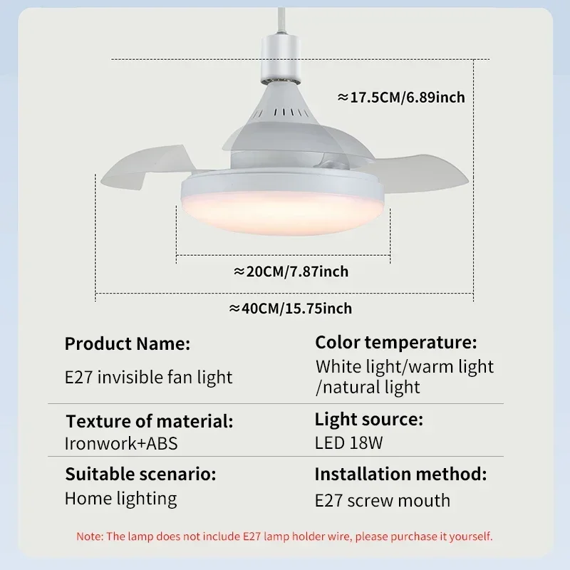 Moderne 2-in-1 onzichtbare plafondventilator met afstandsbediening Dimmen E27 AC85-265V Plafondventilator LED-licht voor slaapkamer- en studeerverlichting: Default Title