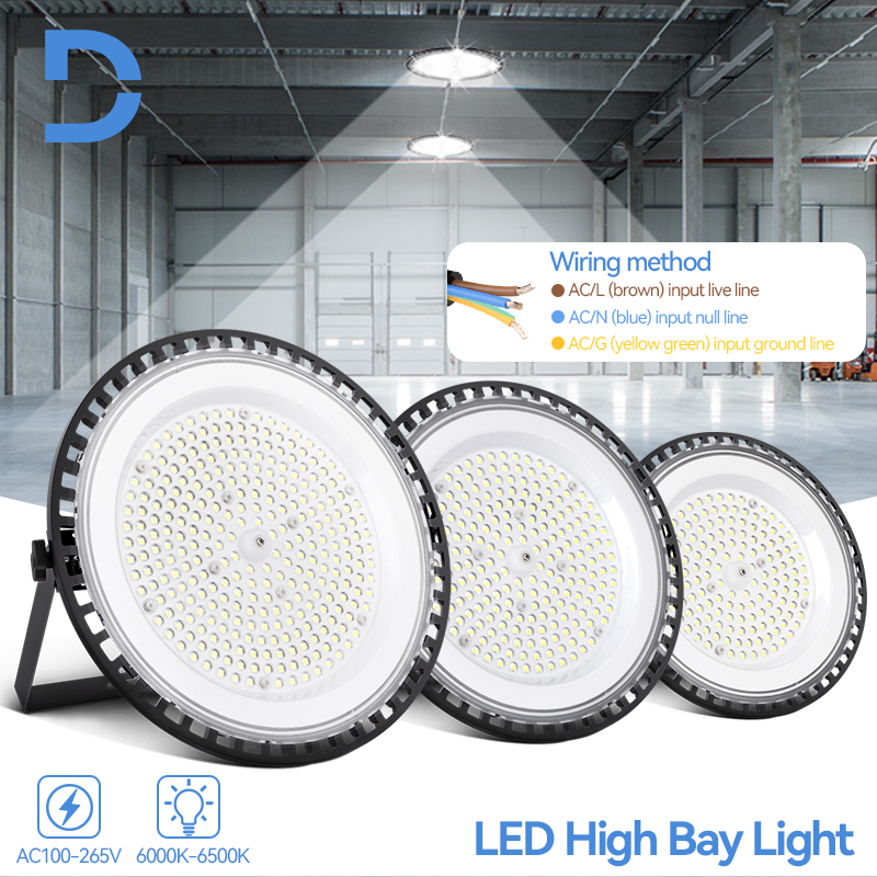 LED-Industrieleuchte, hohes Buchtlicht, hohe Helligkeit, Lagerlampe, 100 W, 150 W, 200 W, mit Sicherheitsseilen, Halterungen für Fabrikladen