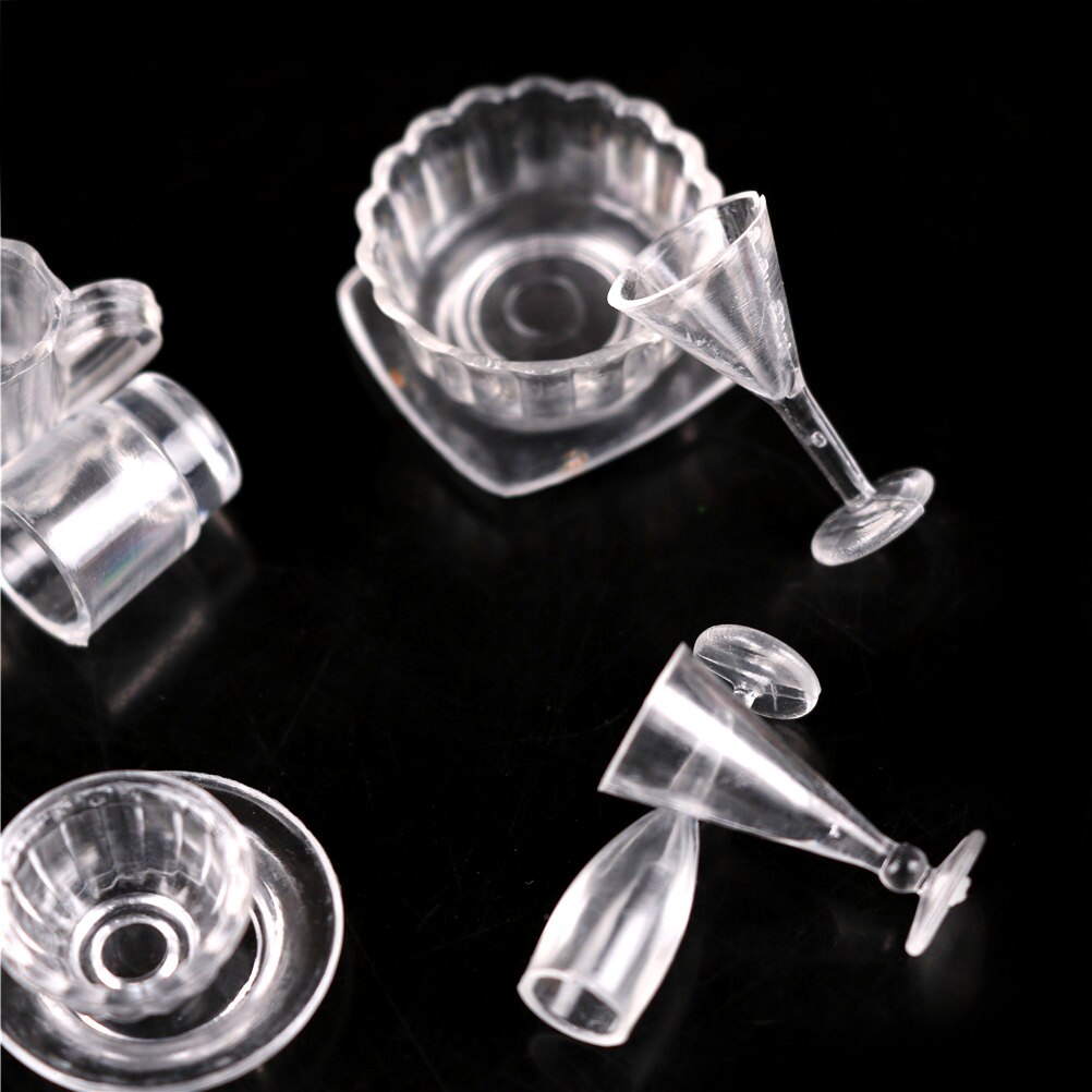 1 Set(13 pcs) Mini Transparent Dish Plate Drink Cups Tableware Miniatures DIY Pretend Play Kitchenware Toy