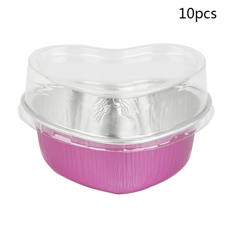 10Pcs Aluminum Foil Cake Pan Heart Shaped Cupcake Cup with Lids 3.4 Ounces Love Cake Cup Tin Foil Paper Cup Oven Cupcake Tool: 5