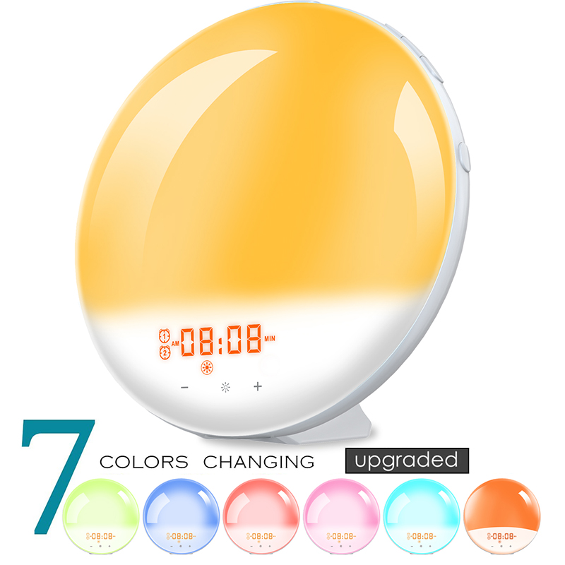 Alarm Clock Wake Up Light Smart Digital Snooze Nature Night Lamp Sunrise Colorful Light Nature Sounds FM Radio 7 Colors Sunrise