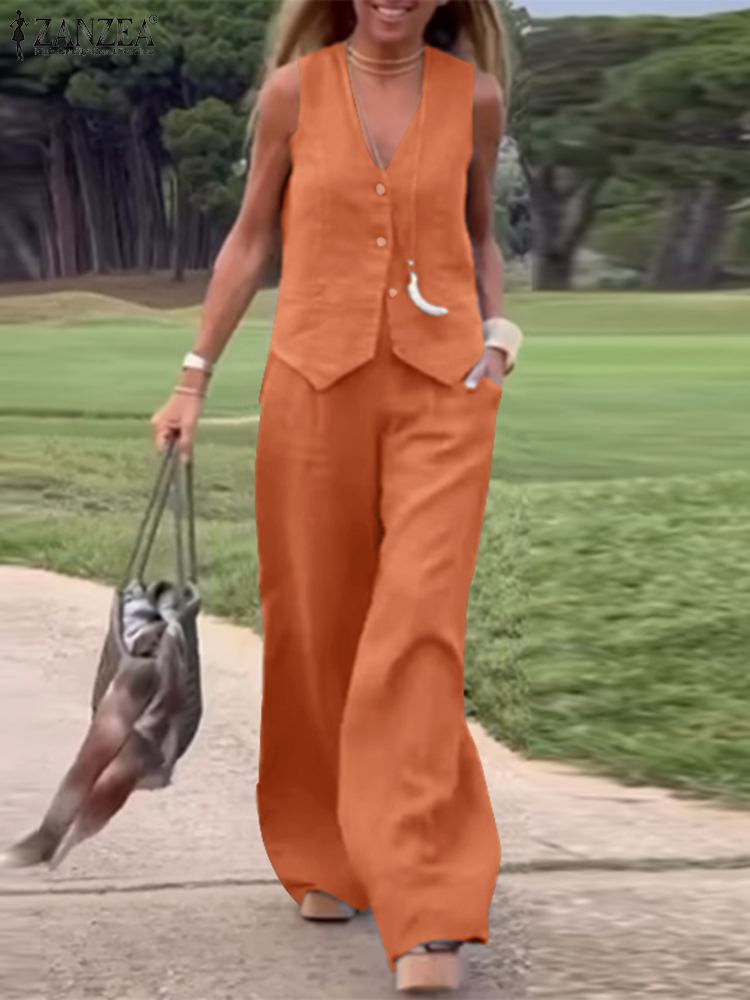 ZANZEA Trousers Suits Summer Sleeveless Tops Solid Work Tracksuit Casual Outifits Women Wide Leg Pants Sets 2pcs: XL / Orange