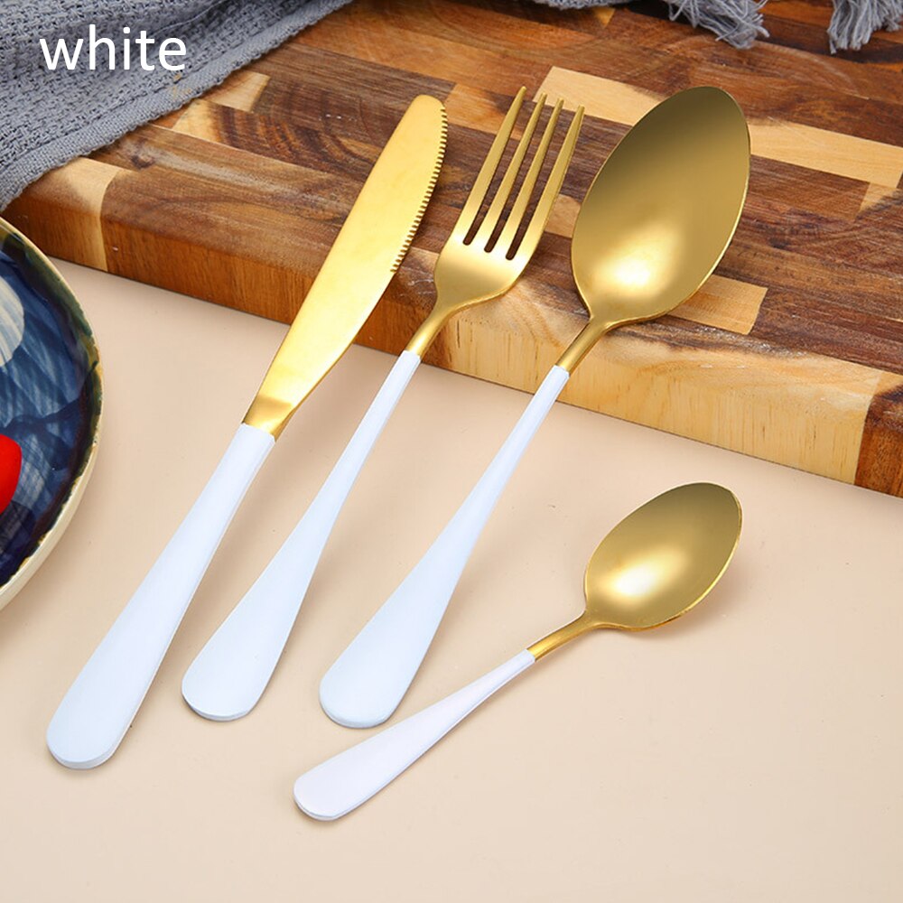 Gold Cutlery Set Stainless Steel Cutlery Western Dinnerware Set Kitchen Knives Spoon Pink Set Steel Cutlery Set: white