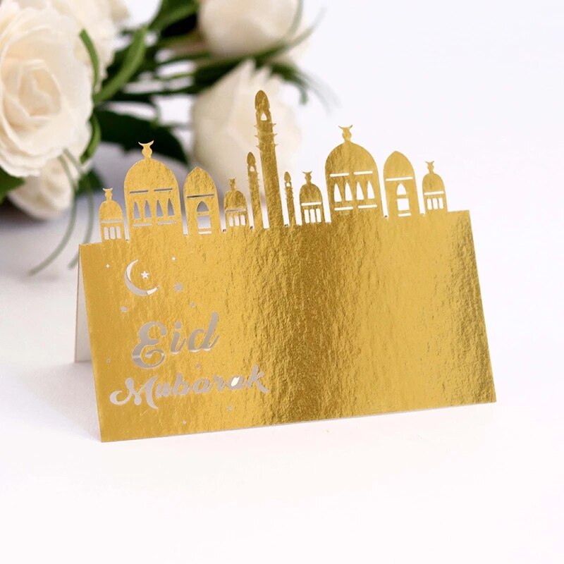 10pcs Ramadan Mubarak Muslim Name Place Card Ramadan Postcards Hollow Out Lace Table Eid Party Table Festival Decorations