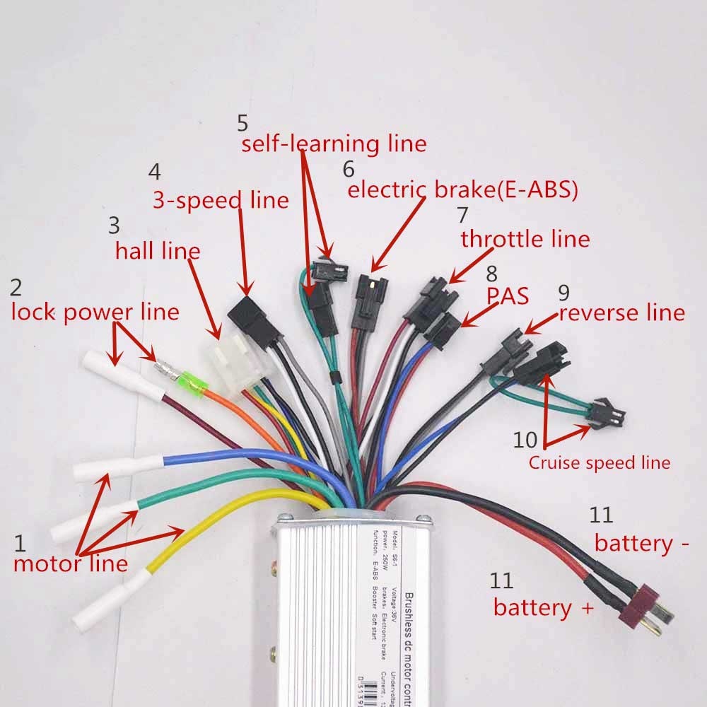 250 W/350 W 24 V 36 V 48 V ebike borstelloze controller, elektrische fiets scooter bldc Controller met elektrische rem Sensor/sensorless