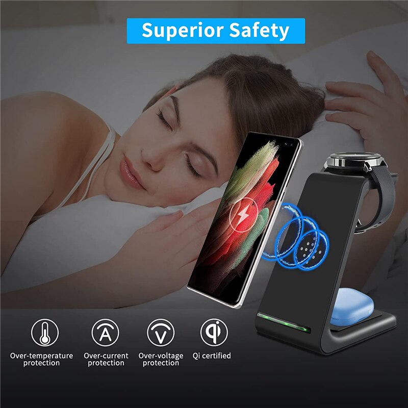 3 In 1 QI Wireless Charger Pad Dock Station Stand for Samsung S20 S21 Galaxy Watch 3 Active 2 Gear S3 Buds+ Live Fast Charging