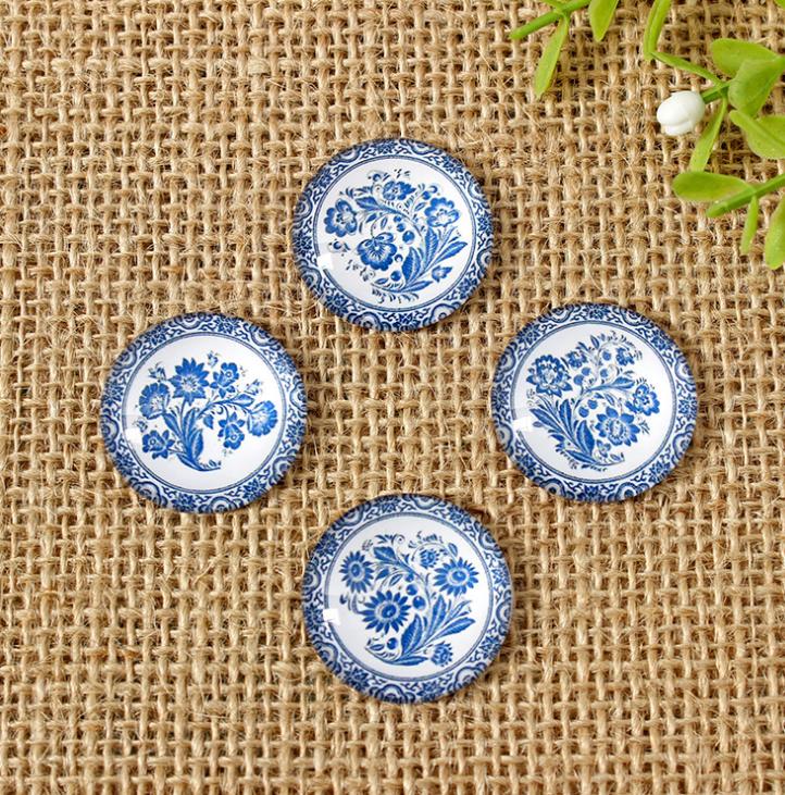 Cabujones de cúpula de cristal de porcelana azul y blanca para fabricación de joyas, gemas estampadas, Media redonda, manualidades, DIY