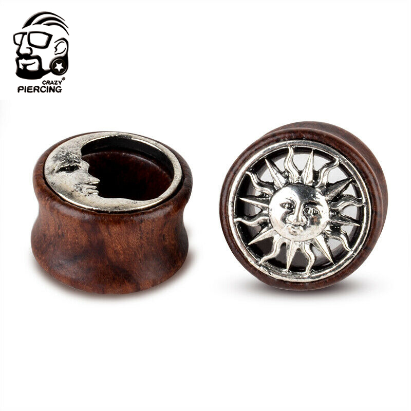 Tapones para los oídos de madera para hombre y mujer, aretes con medidores de luna y sol, expansor de túnel para carne, joyería para Piercing corporal, 2 uds.