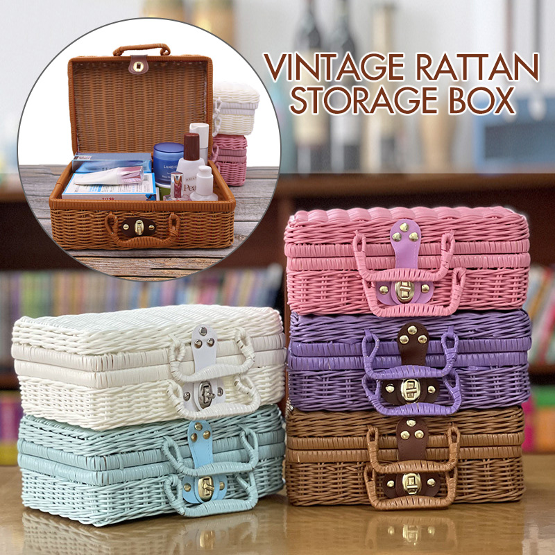 Retro Weave Rattan Storage Box Suitcase Woven Wicker Jewelry Cosmetic Storage Case Picnic Baskets Home Storage Decoration