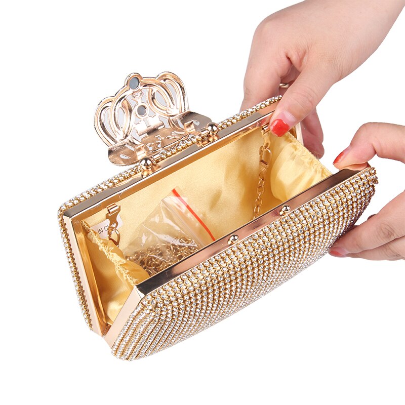 Mulheres sacos de noite strass coroa de metal bolsas cheias de diamantes dia embraiagens bolsa sacos de noite prata/ouro/preto