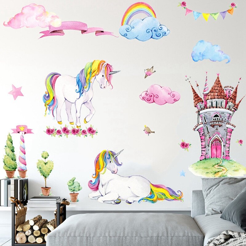 Cartoon Rainbow Unicorn Wall Stickers For Kids Room Girls Bedroom Window Nursery Decor Kindergarten Scene Layout Stickers