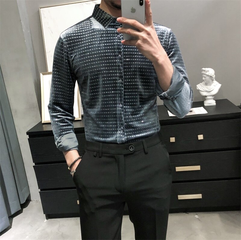 Polka Punkte Gedruckt Velours Herren Kleidung modisch Modische Grau Blau Samt Kleid Gentleman Herren Bluse Weichen Unsual Hemden