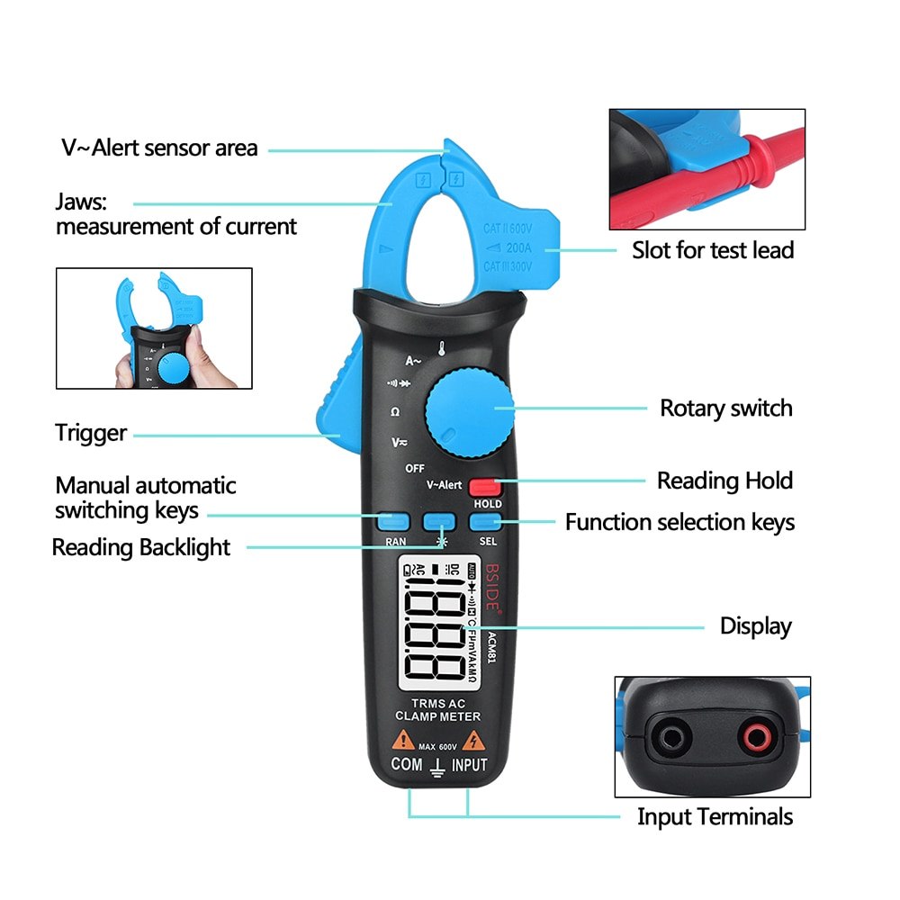 Handheld 2000 Counts Digital Clamp Meter Auto Range True RMS Multimeter Measuring Voltage Current Resistance Tester LCD Diaplay