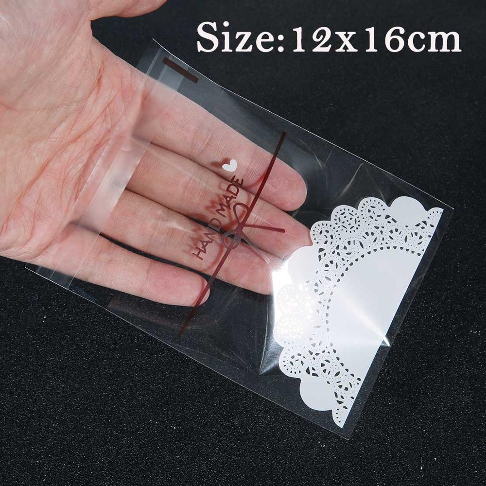 100pcs Clear Self Seal Adhesive Poly Bags 7x7 10x10 12x16 15x18 16x20cm Transparent Lace Bow Plastic Opp Jewelry Package Bag: 12x16cm