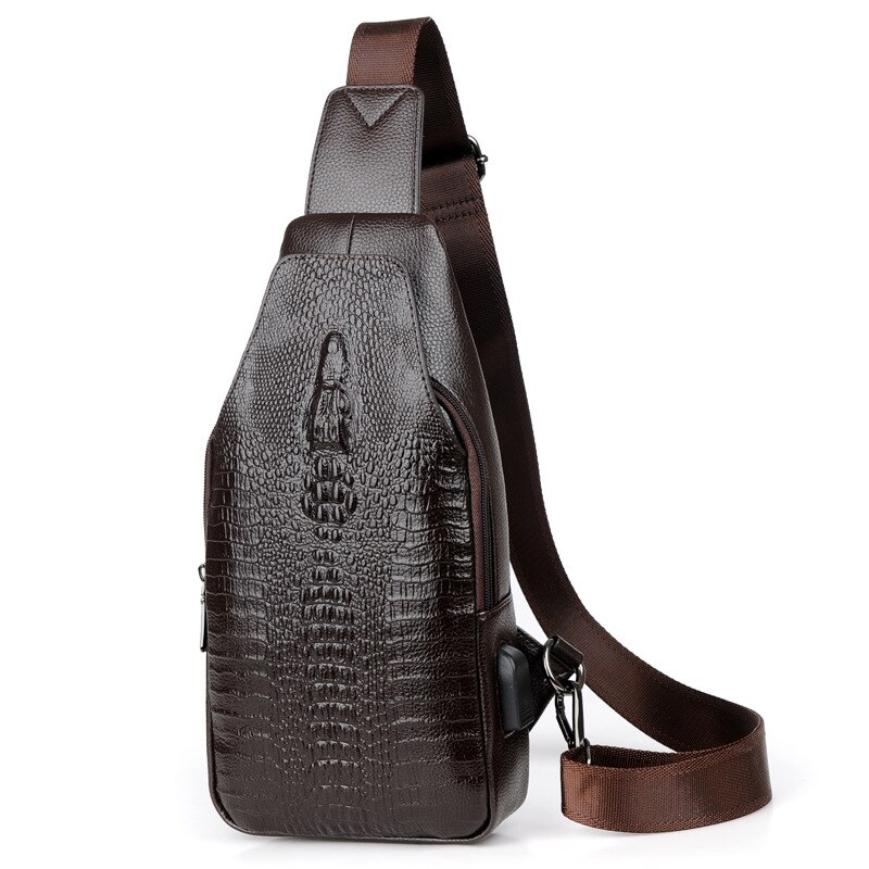 hommes sac de poitrine sac Messenger en cuir USB chargement coffre Pack Alligator décontracté sac à bandoulière homme Crocodile motif sacs à bandoulière: Marron