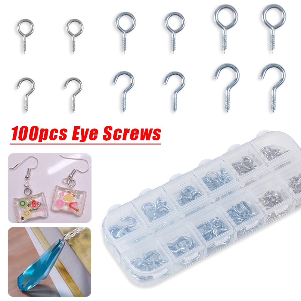 100pcs Threaded Hooks Eyebolt Eye Screws Cup Hooks Clasps Lamp Hanging Wall Hanger Tool DIY Assortment Hooks Kits Accessories