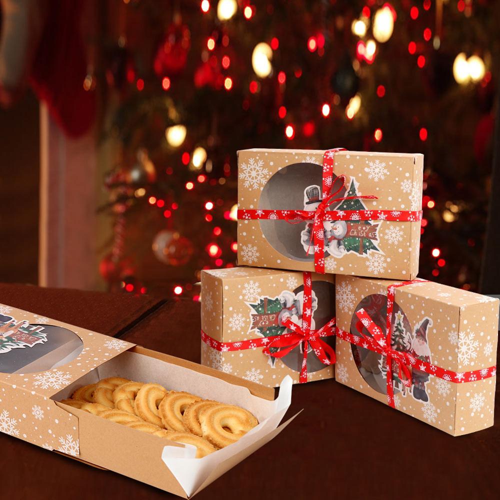 OurWarm 6 stuks Kerst Cookie Dozen met Venster Food Grade Kraft Bakkerij Dozen met Oliepapier en Linten voor Cadeau navidad