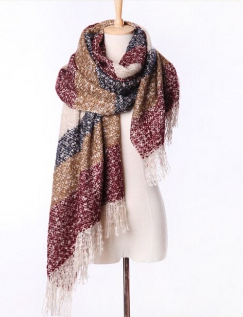 Women Fall Winter Mohair Cashmere Like Scarf Long Size Warm Scarves & Wraps For Lady Casual Patchwork Accessories: Wine