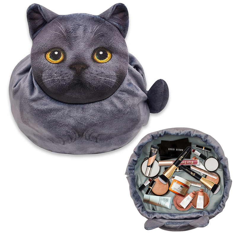 Leuke kat make-up tas trekkoord sluiting 3D kat hoofd platte cosmetische tas cadeau voor vrouwen kattenliefhebbers reisorganisator tas: Donkergrijs