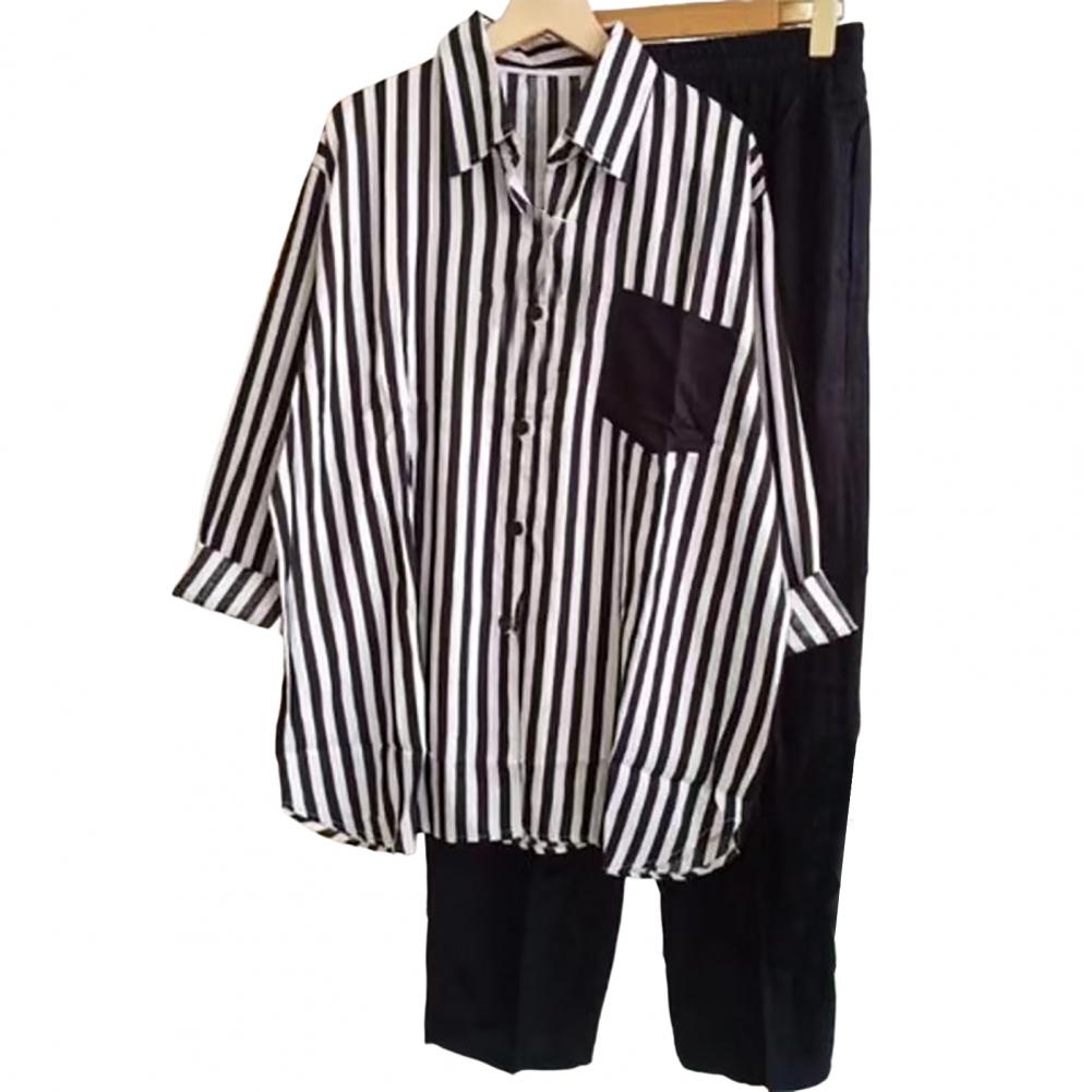 2Pcs/Set Women Outfit Shirt Pants Set Casual Elastic Waist Breathable Stripes Blouse Pants Suits Spring Summer Women Set: M / black